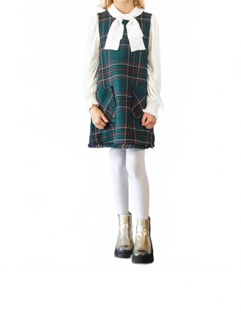 Abel and Lula Plaid Pinafore Dress with Bow Detail